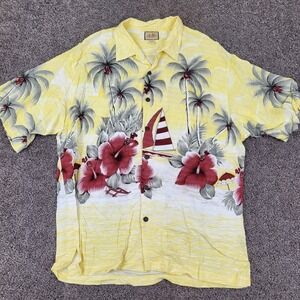 L.B. Men XL Hawaiian Shirt Vintage Rayon Tropical‎ Hibiscus Sailboat Yellow